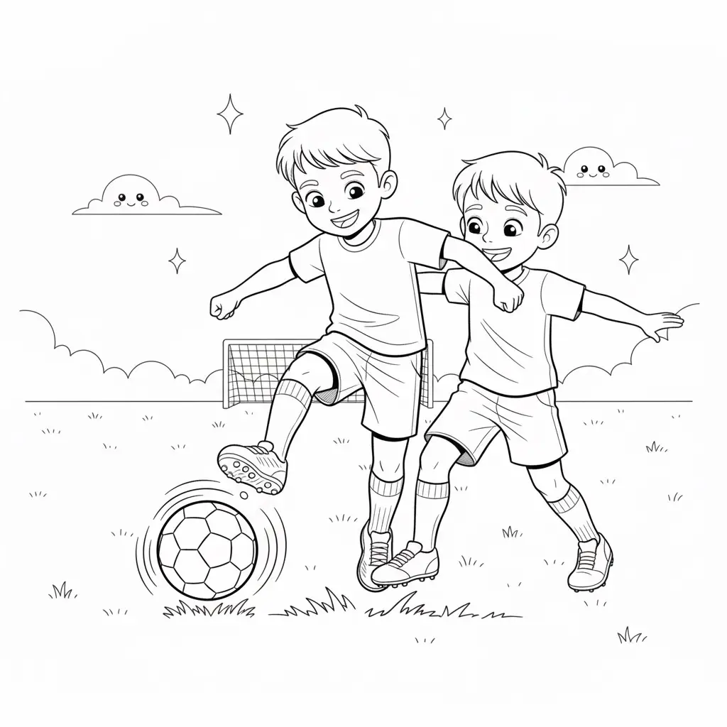 דף צביעה של ילדים משחקים כדורגל להדפסה