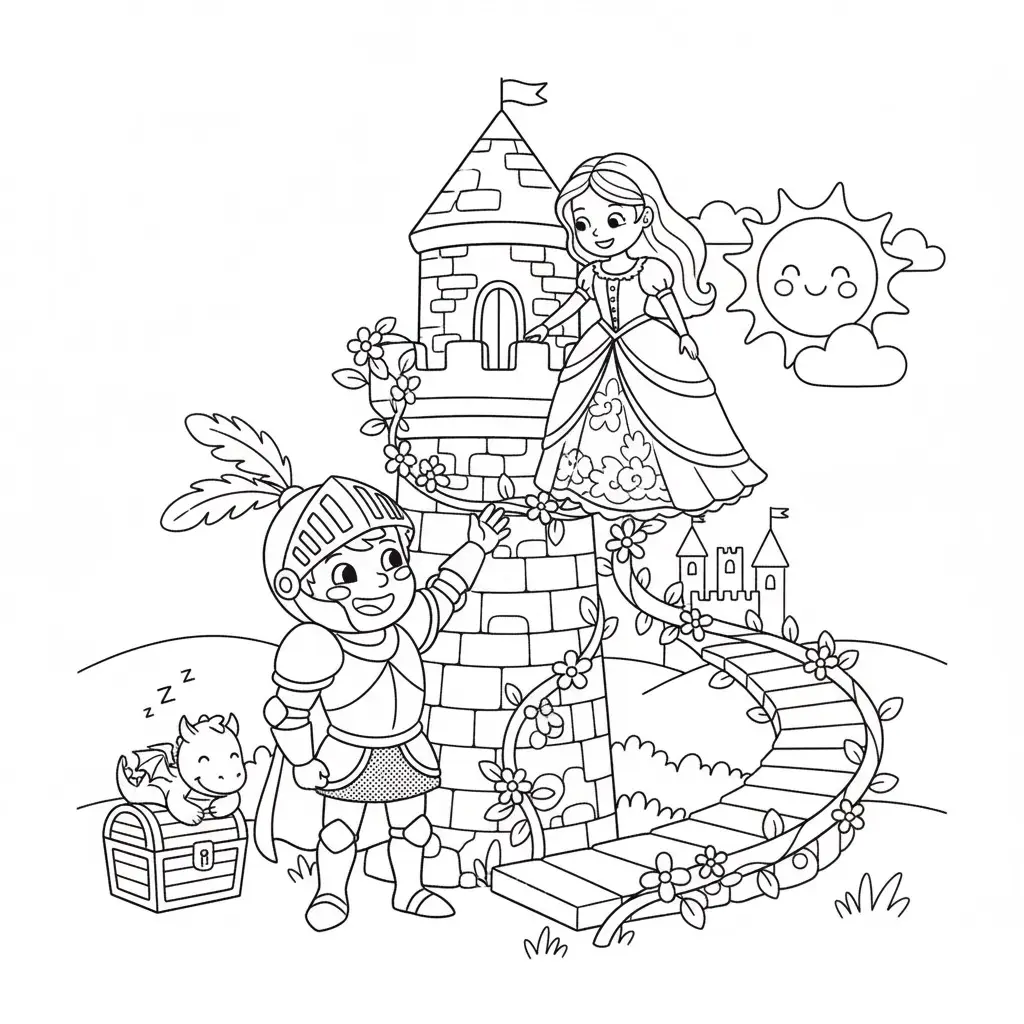 דף צביעה של אביר מציל נסיכה להדפסה