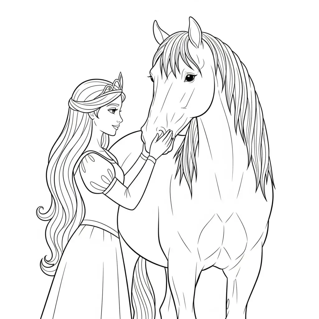 דף צביעה של נסיכה וסוס להדפסה