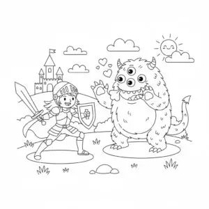 דף צביעה של אבירה נלחמת במפלצת להדפסה