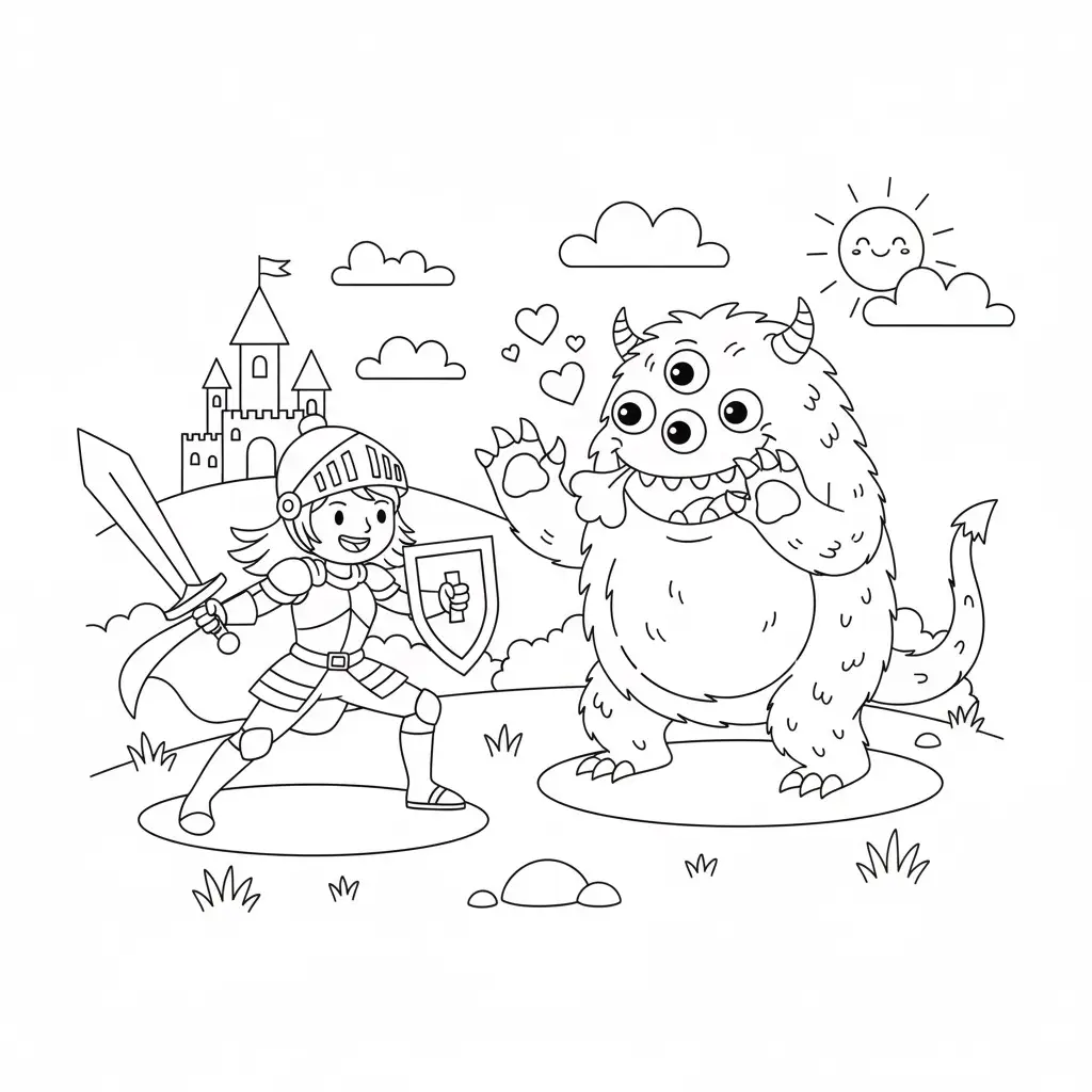 דף צביעה של אבירה נלחמת במפלצת להדפסה