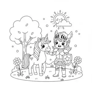 דף צביעה של אבירה וחד קרן להדפסה