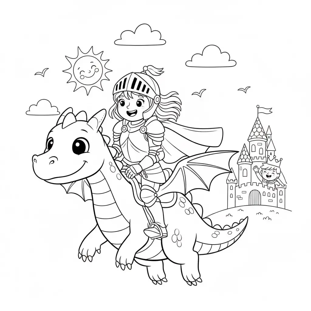 דף צביעה של אבירה על דרקון להדפסה