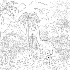 דף צביעה של עולם פרהיסטורי מורכב להדפסה