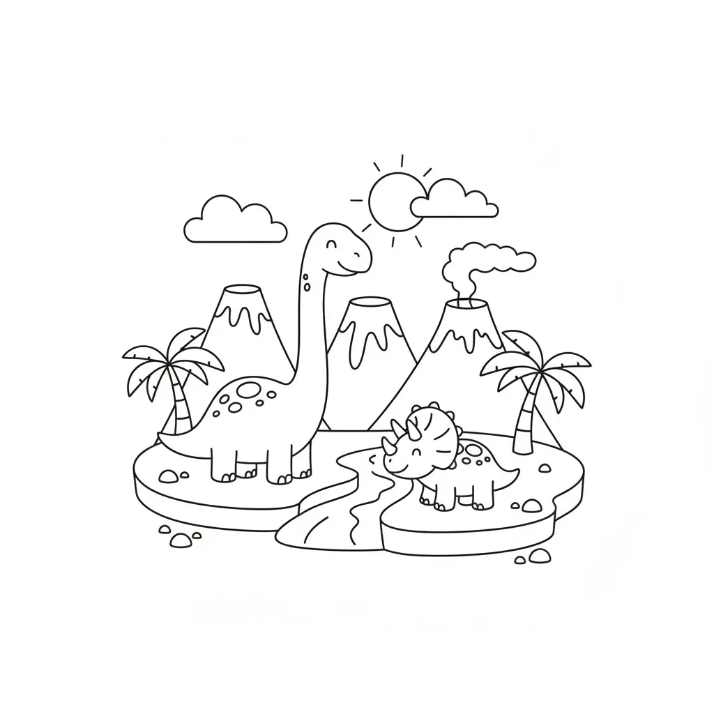 דף צביעה של עולם פרהיסטורי פשוט להדפסה