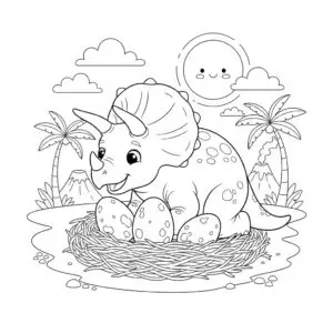 דף צביעה של דינוזאור טריצרטופס והביצים שלה להדפסה