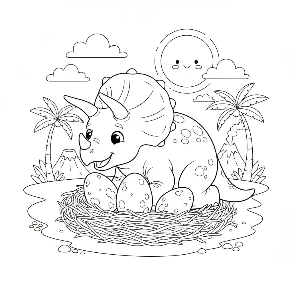 דף צביעה של דינוזאור טריצרטופס והביצים שלה להדפסה