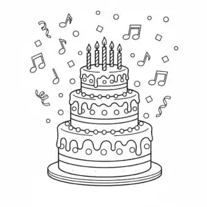 דף צביעה של עוגת יום הולדת להדפסה