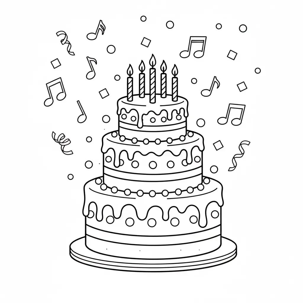 דף צביעה של עוגת יום הולדת להדפסה