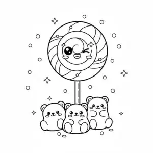 דף צביעה של סוכריה על מקל ודובונים להדפסה