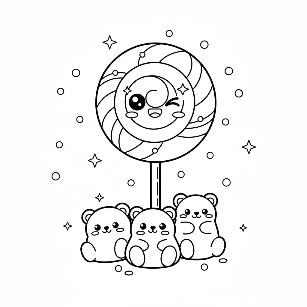 דף צביעה של סוכריה על מקל ודובונים להדפסה