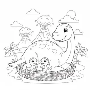 דף צביעה של דינוזאור אמא מאיאסאורה והגורים שלה להדפסה