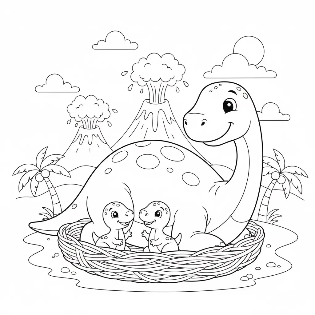 דף צביעה של דינוזאור אמא מאיאסאורה והגורים שלה להדפסה