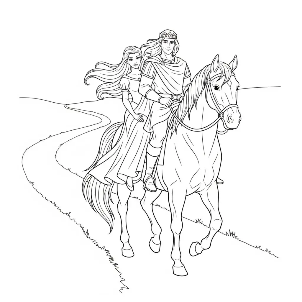 דף צביעה של נסיך ונסיכה על סוס להדפסה
