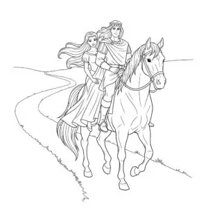 דף צביעה של נסיך ונסיכה על סוס להדפסה