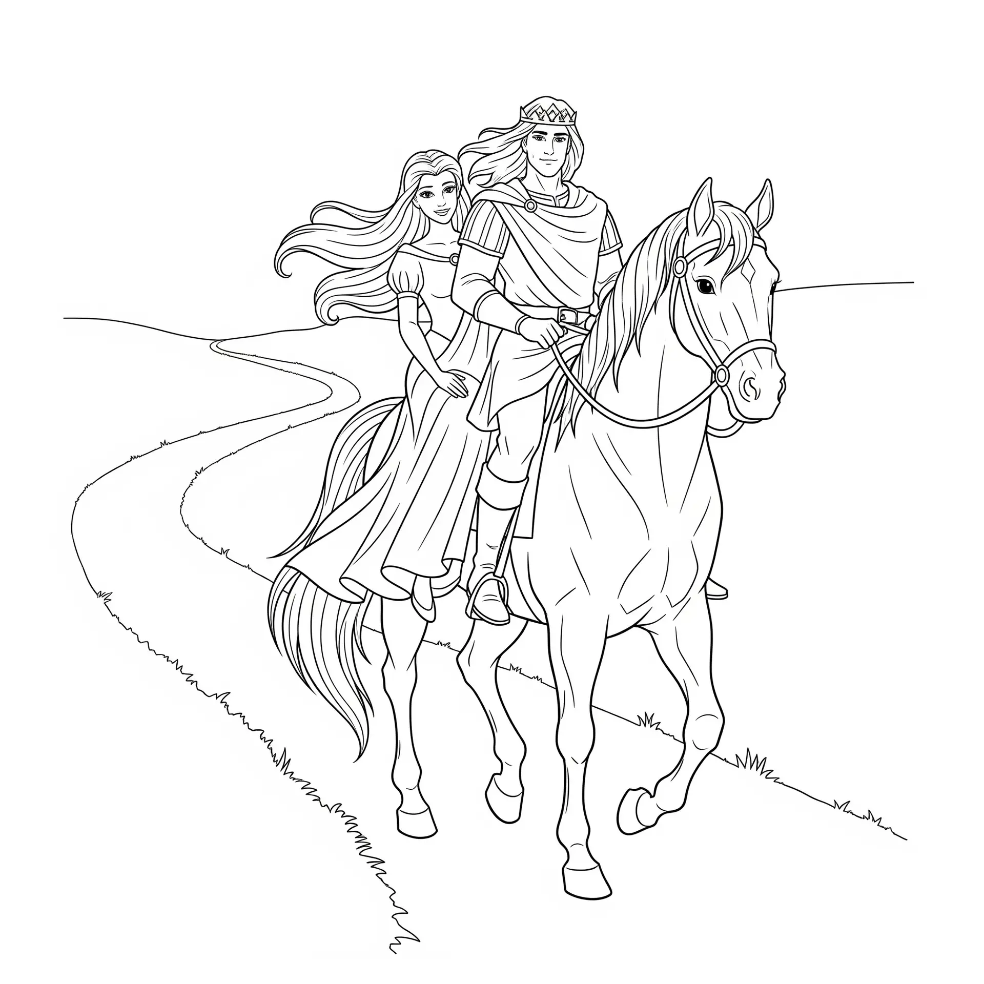 דף צביעה של נסיך ונסיכה על סוס להדפסה