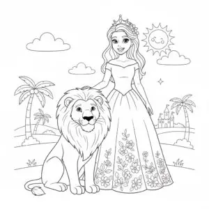 דף צביעה של נסיכה ואריה להדפסה