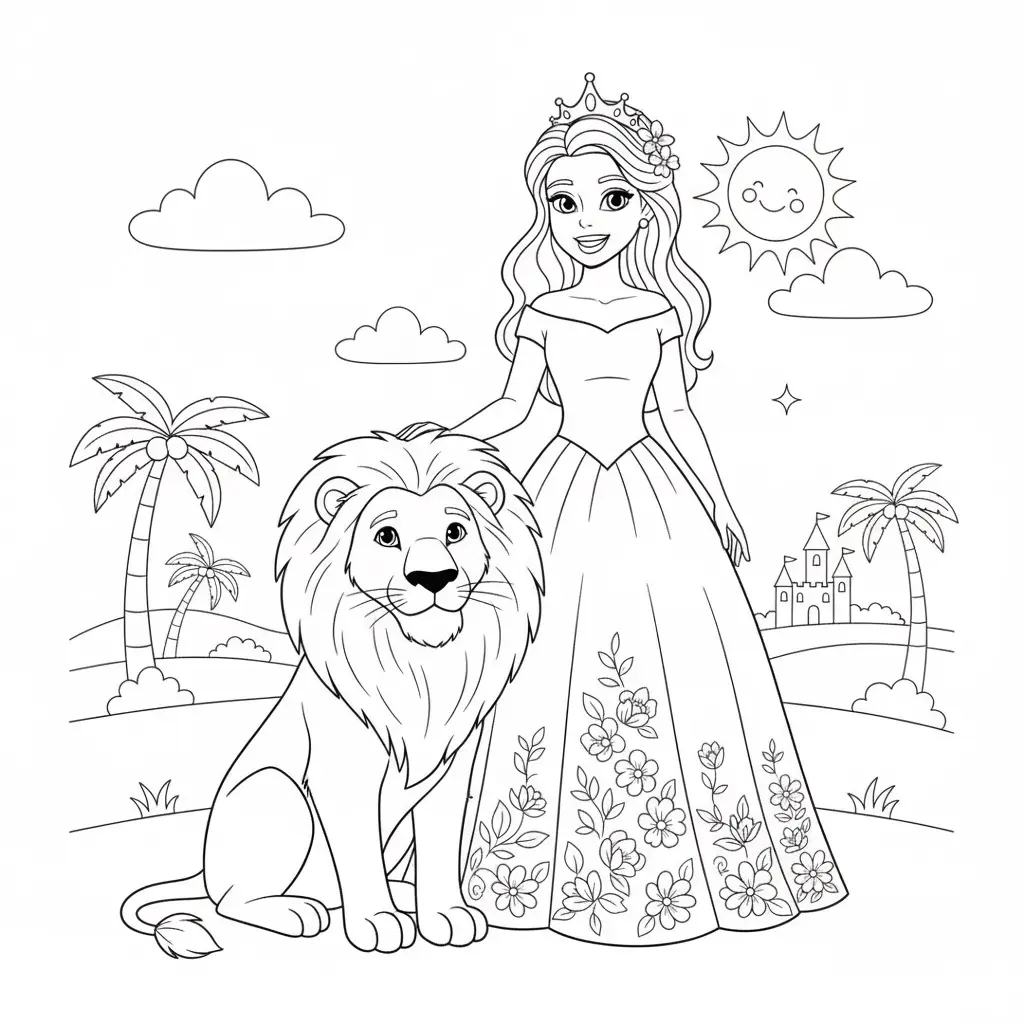 דף צביעה של נסיכה ואריה להדפסה