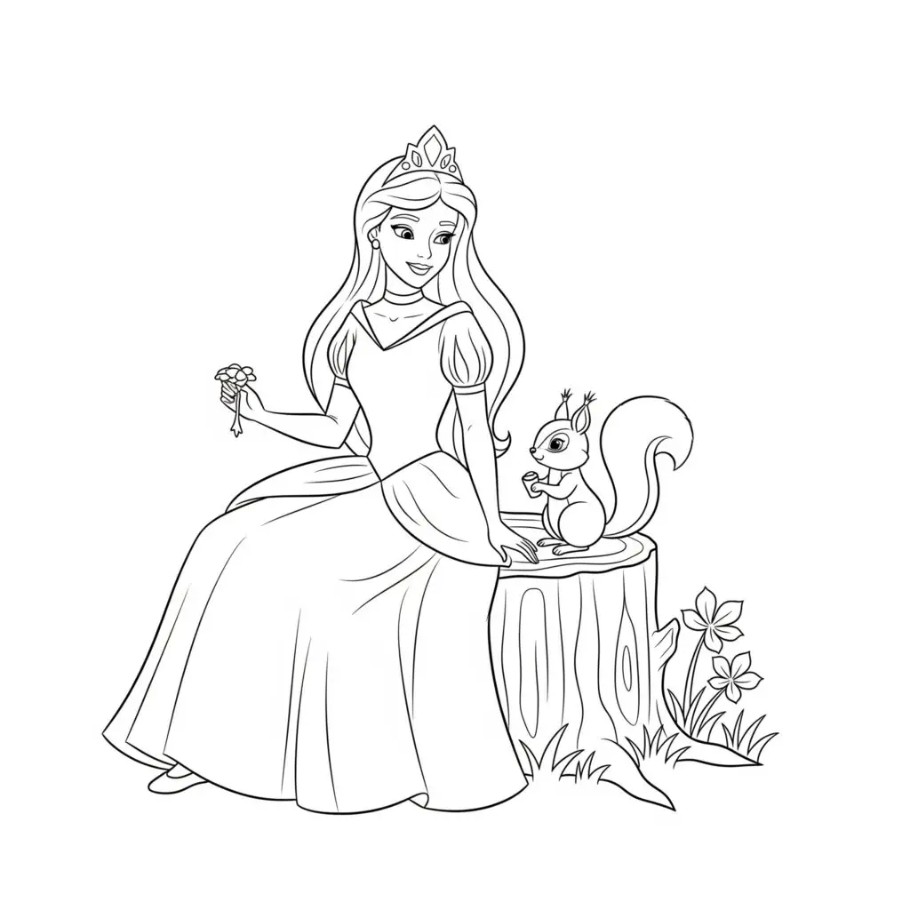 דף צביעה של נסיכה וסנאי להדפסה