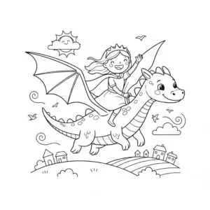 דף צביעה של נסיכה עפה על דרקון להדפסה