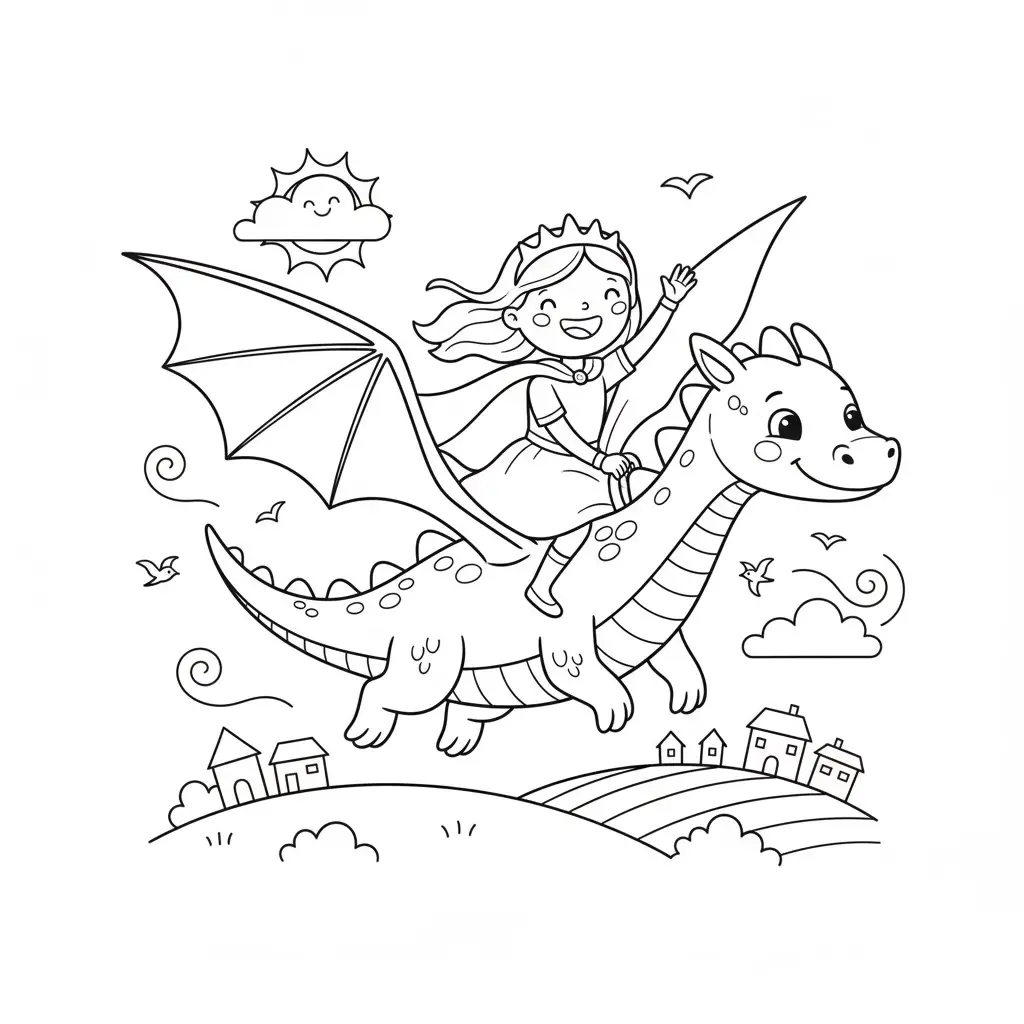 דף צביעה של נסיכה עפה על דרקון להדפסה