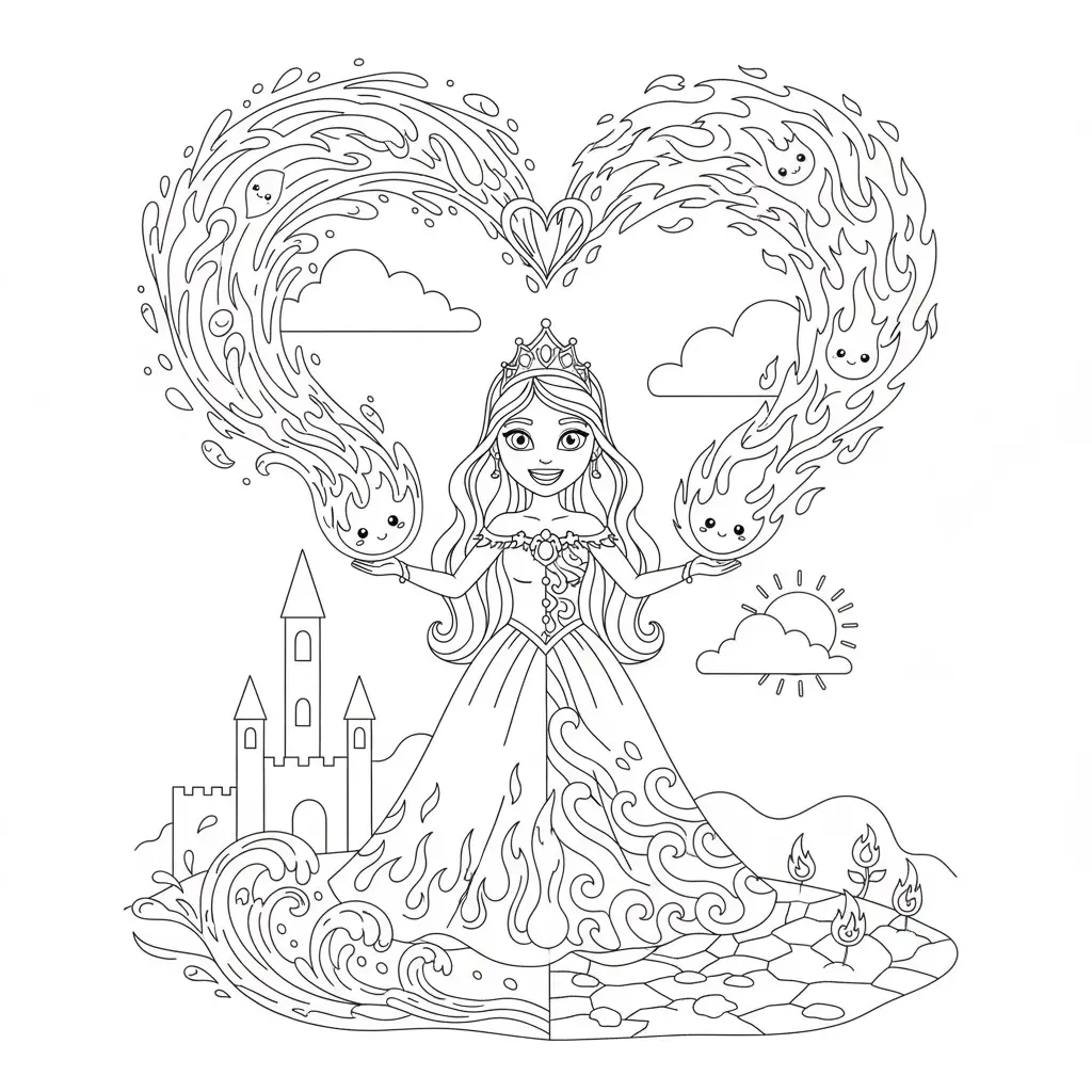 דף צביעה של נסיכת האש והמים להדפסה