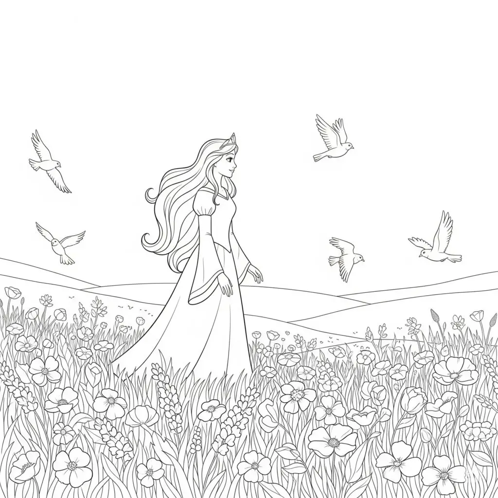 דף צביעה של נסיכה בשדה פרחים להדפסה