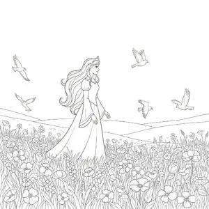 דף צביעה של נסיכה בשדה פרחים להדפסה