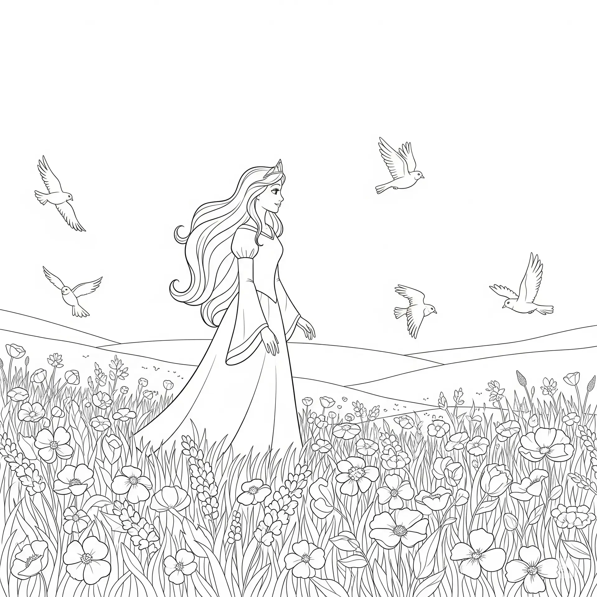 דף צביעה של נסיכה בשדה פרחים להדפסה