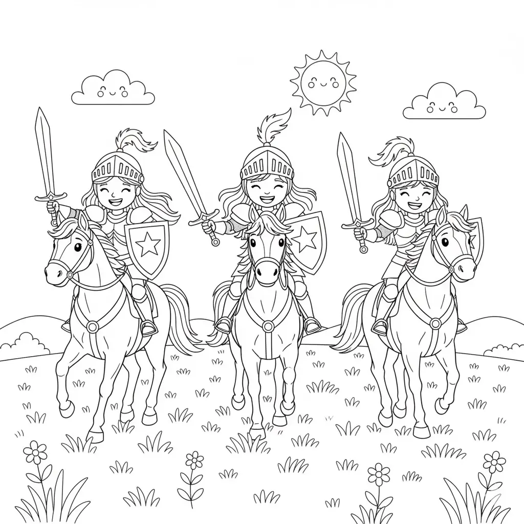 דף צביעה של שלוש אבירות מוכנות לקרב להדפסה