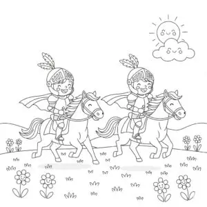 דף צביעה של שני אבירים על סוסים להדפסה