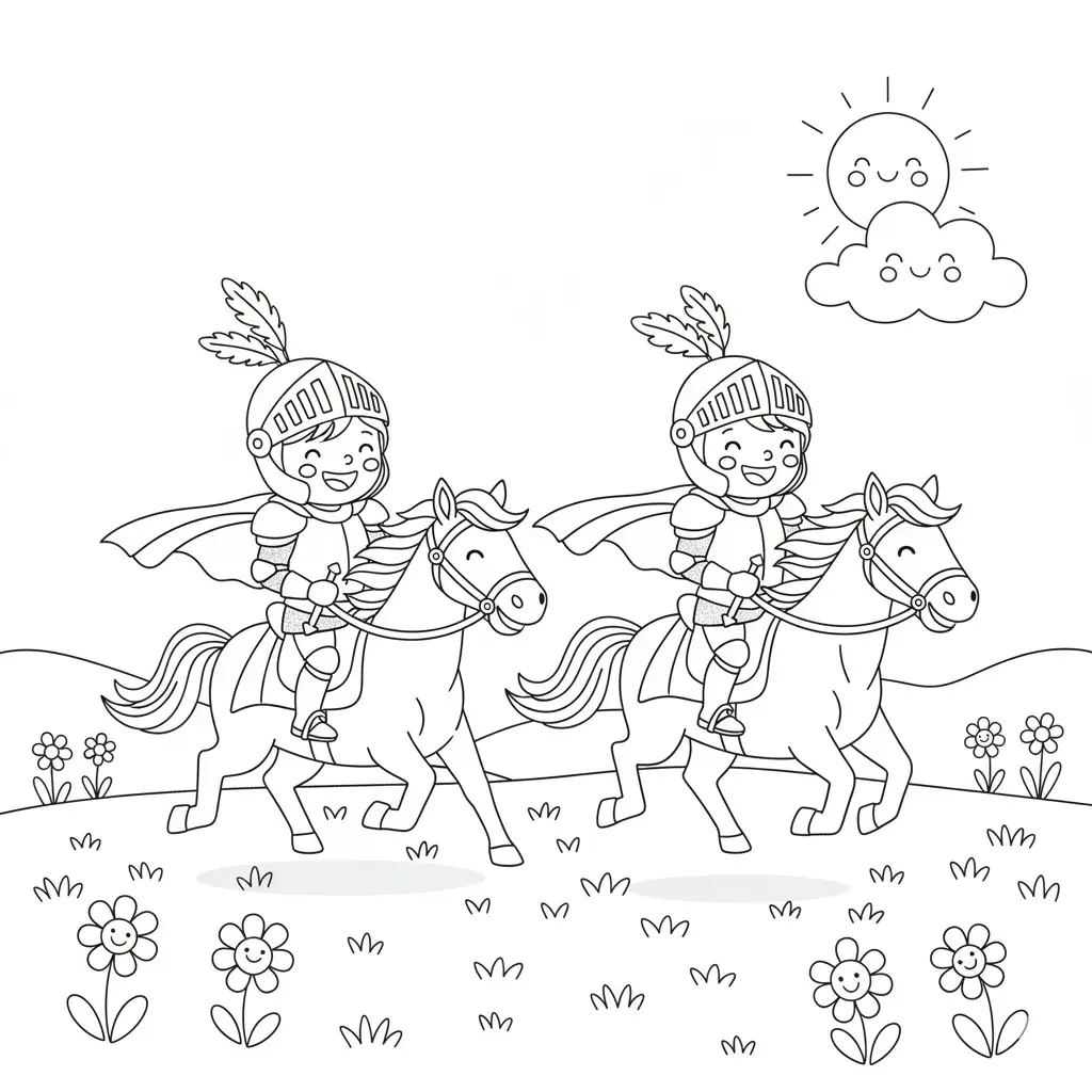 דף צביעה של שני אבירים על סוסים להדפסה