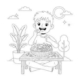 דף צביעה של ילד אוכל פירות יבשים בט״ו בשבט להדפסה
