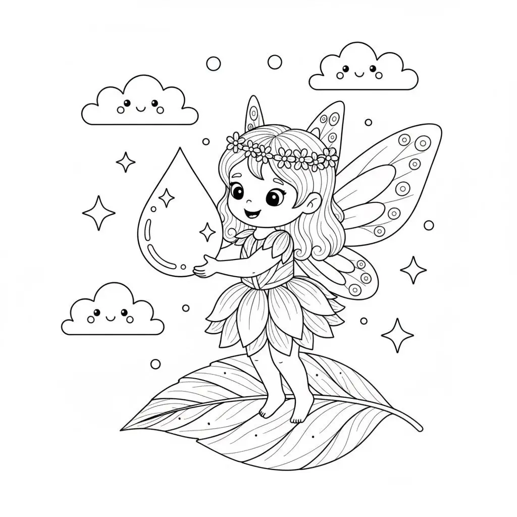 דף צביעה של פיה מחזיקה טיפת גשם להדפסה