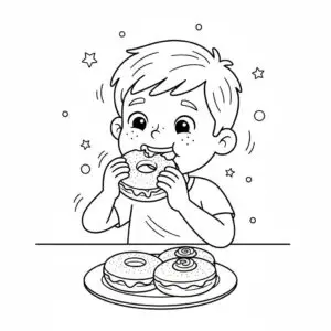 דף צביעה של ילד אוכל סופגניות להדפסה