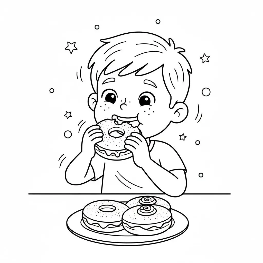 דף צביעה של ילד אוכל סופגניות להדפסה