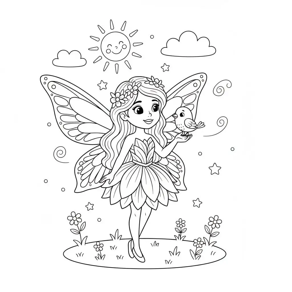 דף צביעה של פיה וציפור להדפסה