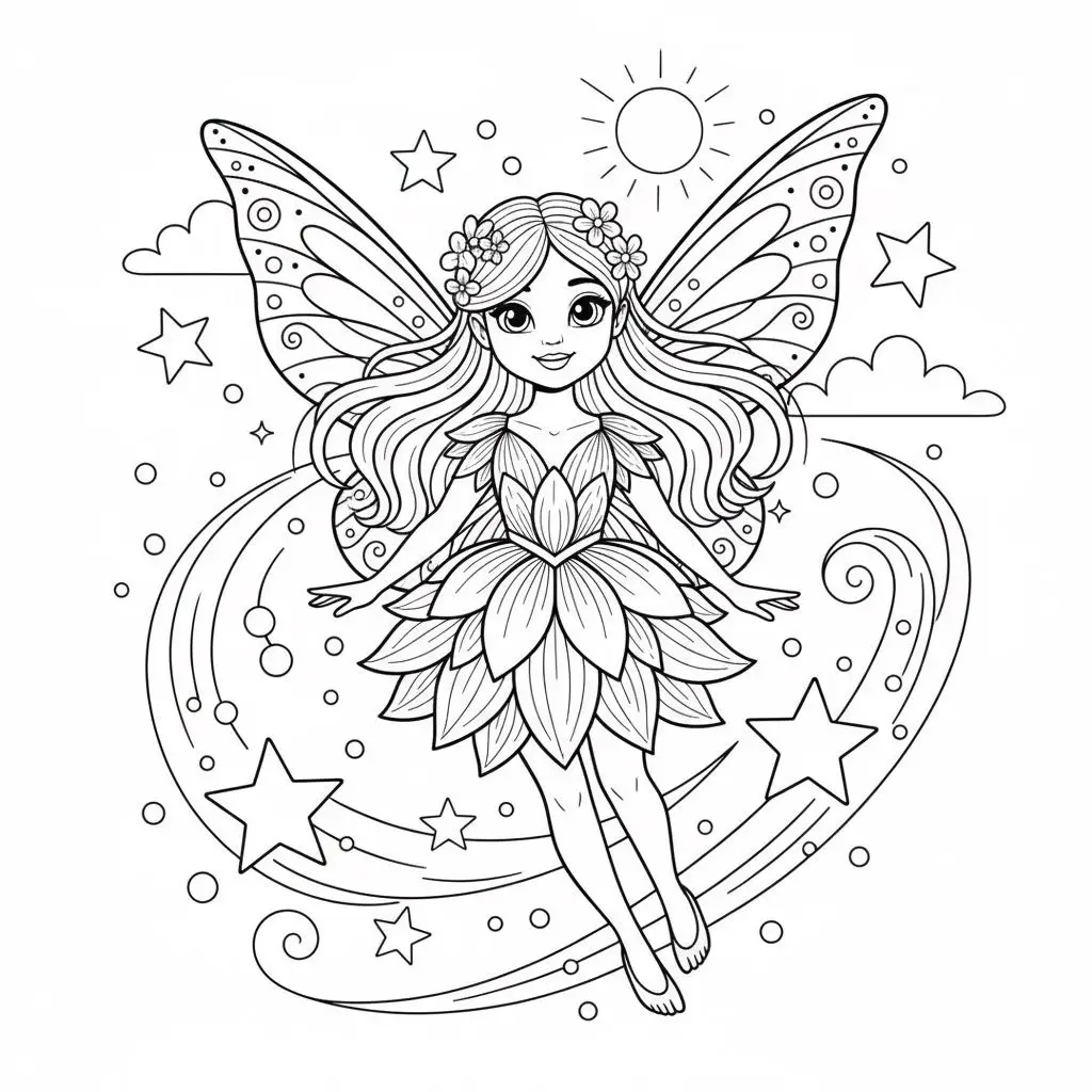 דף צביעה של פיה וכוכבים להדפסה