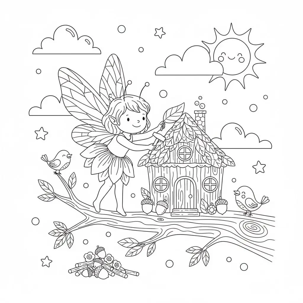 דף צביעה של פיה מנקה את הבית להדפסה