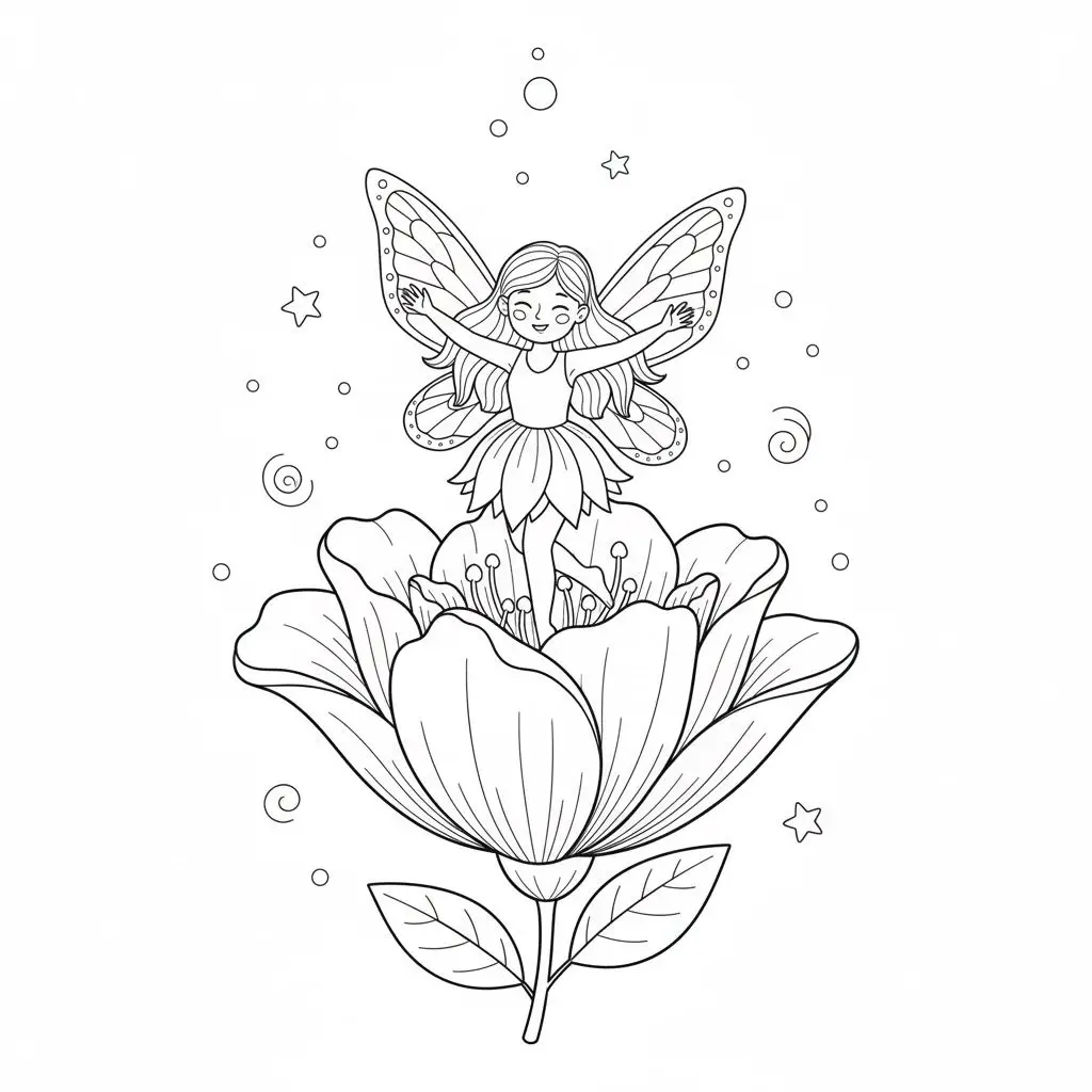 דף צביעה של פיה רוקדת בפרח להדפסה