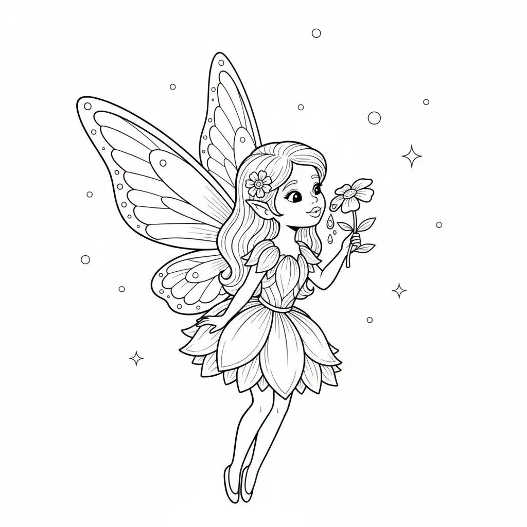 דף צביעה של פיה שותה טל מפרח להדפסה