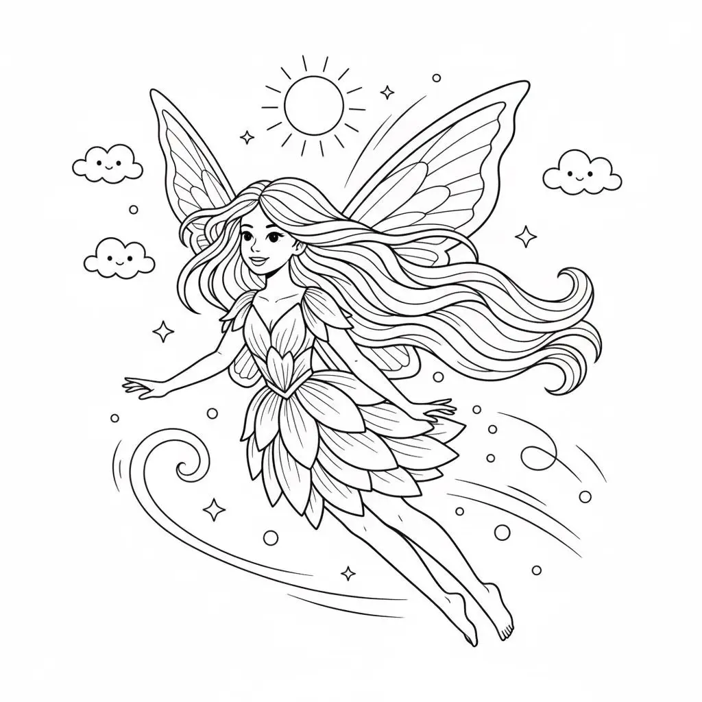 דף צביעה של פיה עפה בשמים להדפסה