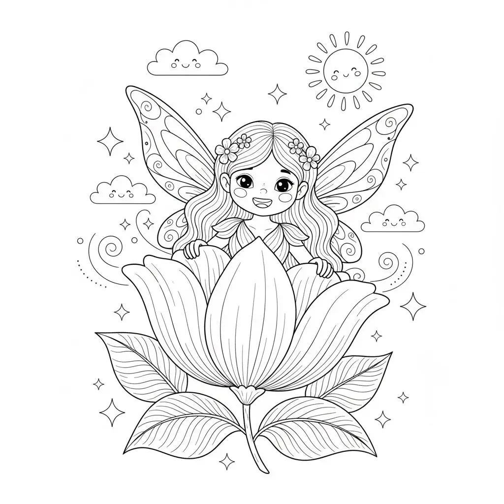 דף צביעה של פיה מאחורי פרח להדפסה