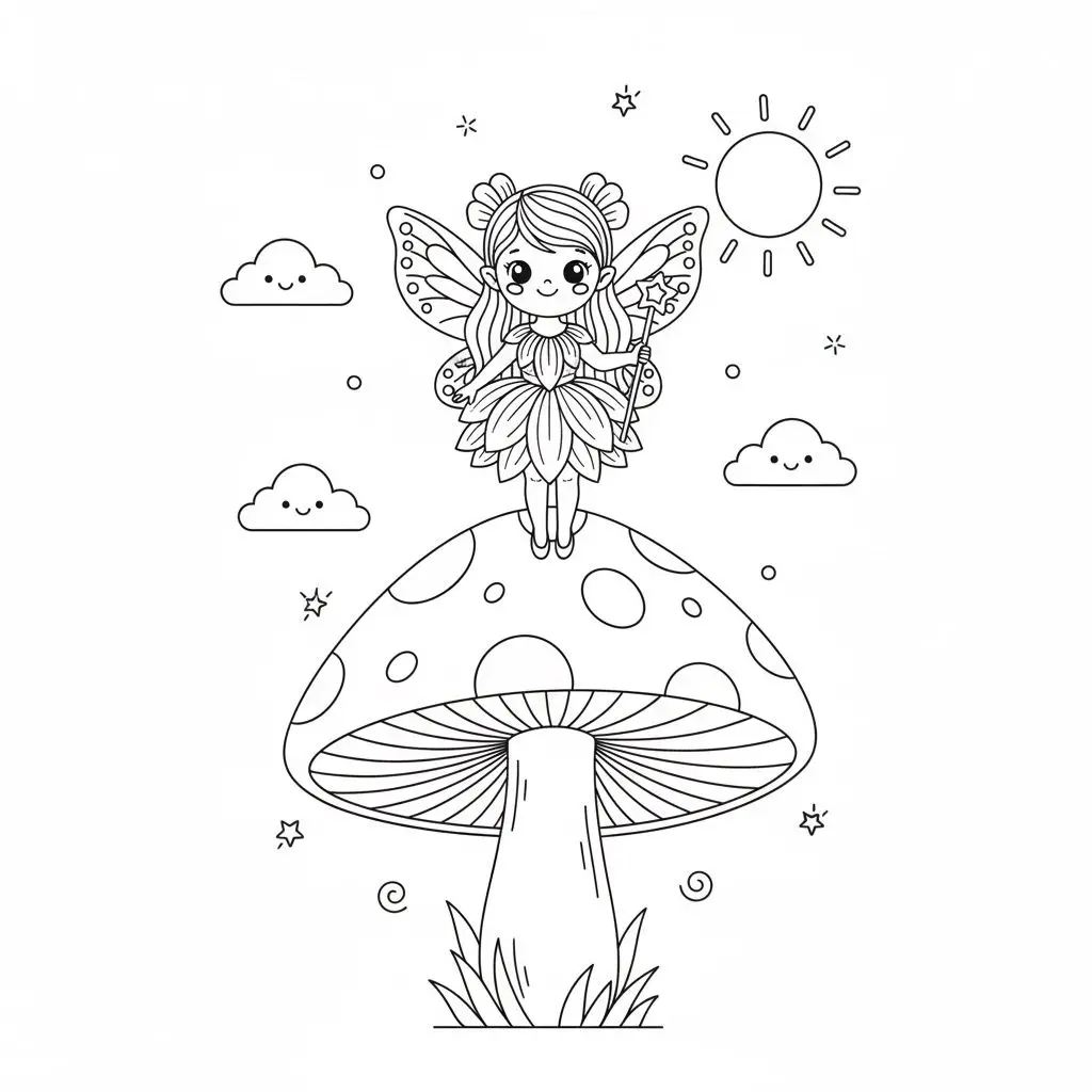 דף צביעה של פיה יושבת על פטריה להדפסה