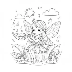 דף צביעה של פיה מנגנת בחליל להדפסה