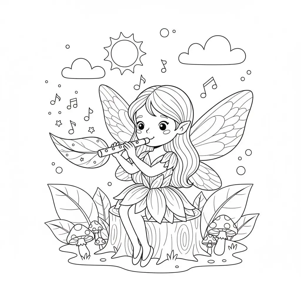 דף צביעה של פיה מנגנת בחליל להדפסה