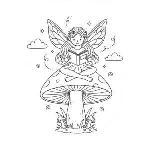 דף צביעה של פיה קוראת סיפור להדפסה