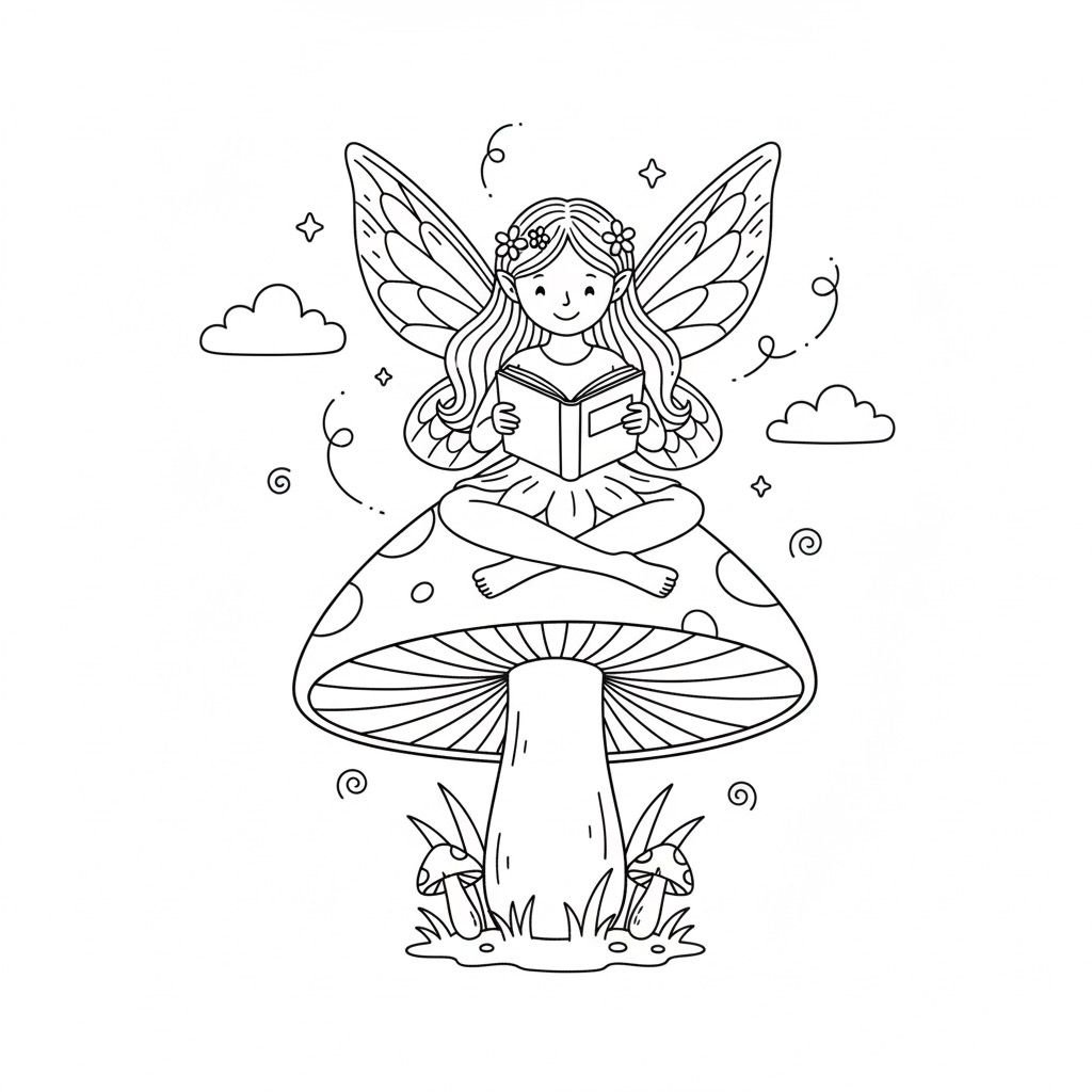 דף צביעה של פיה קוראת סיפור להדפסה