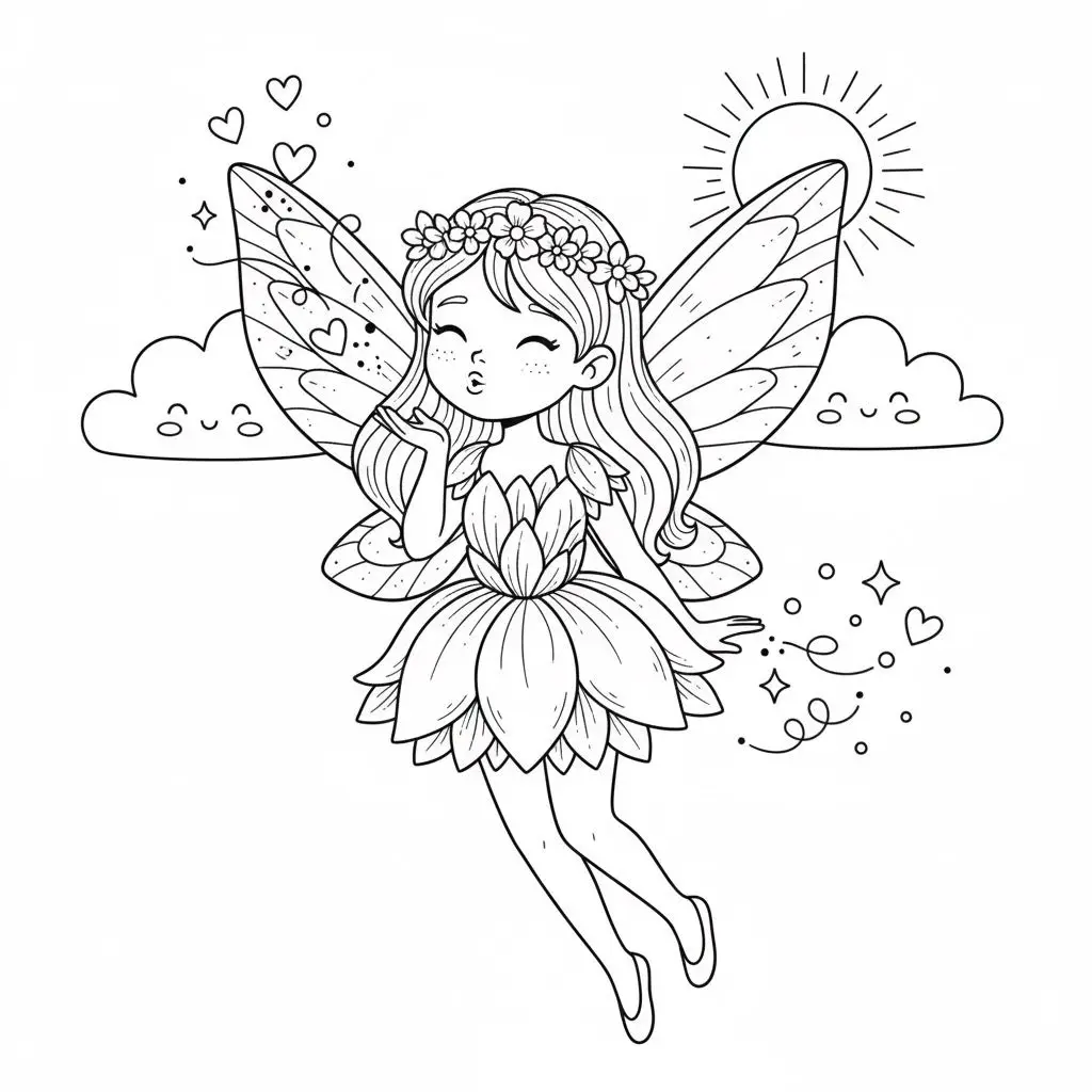 דף צביעה של פיה מפזרת לבבות להדפסה