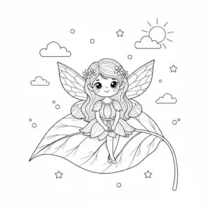 דף צביעה של פיה יושבת על עלה להדפסה